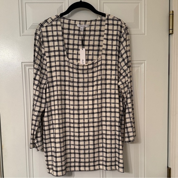 Chicos Size 3 Black & Cream Grid Pattern Square-Neck Lined Shirt, 3/4 Sleeve NWT - Picture 15 of 15